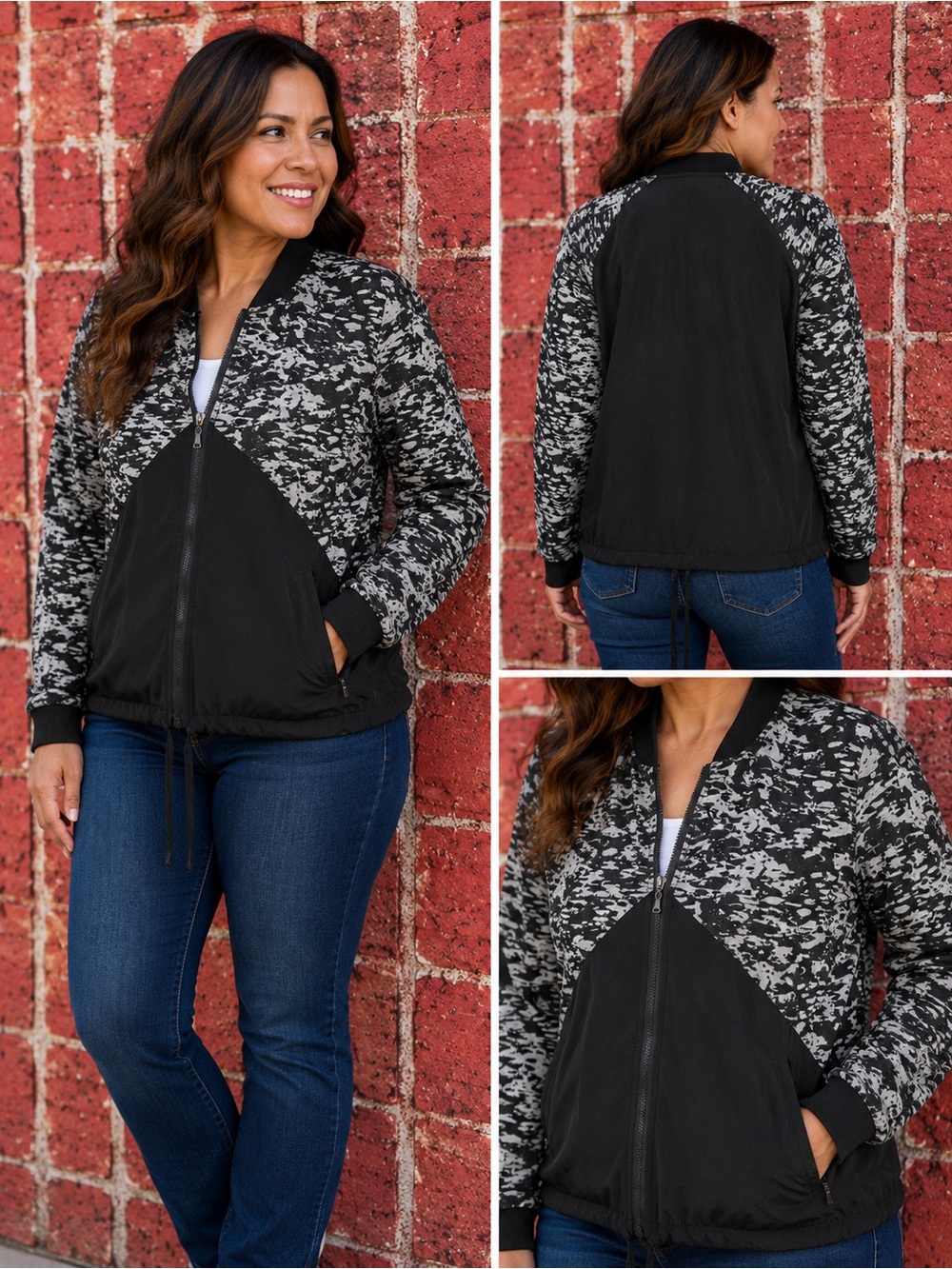 Kyodan Black & Gray Abstract Print Zip Front Lightweight Jacket Women’s small